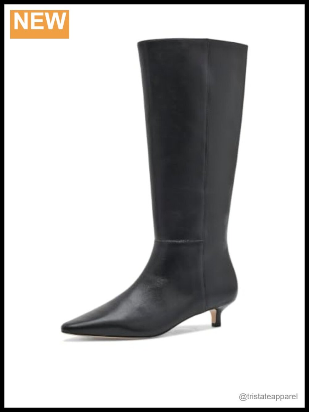 Knee-High Calfskin Leather Tall Boots Kitten Heel, Pointed Toe, Zip Closure